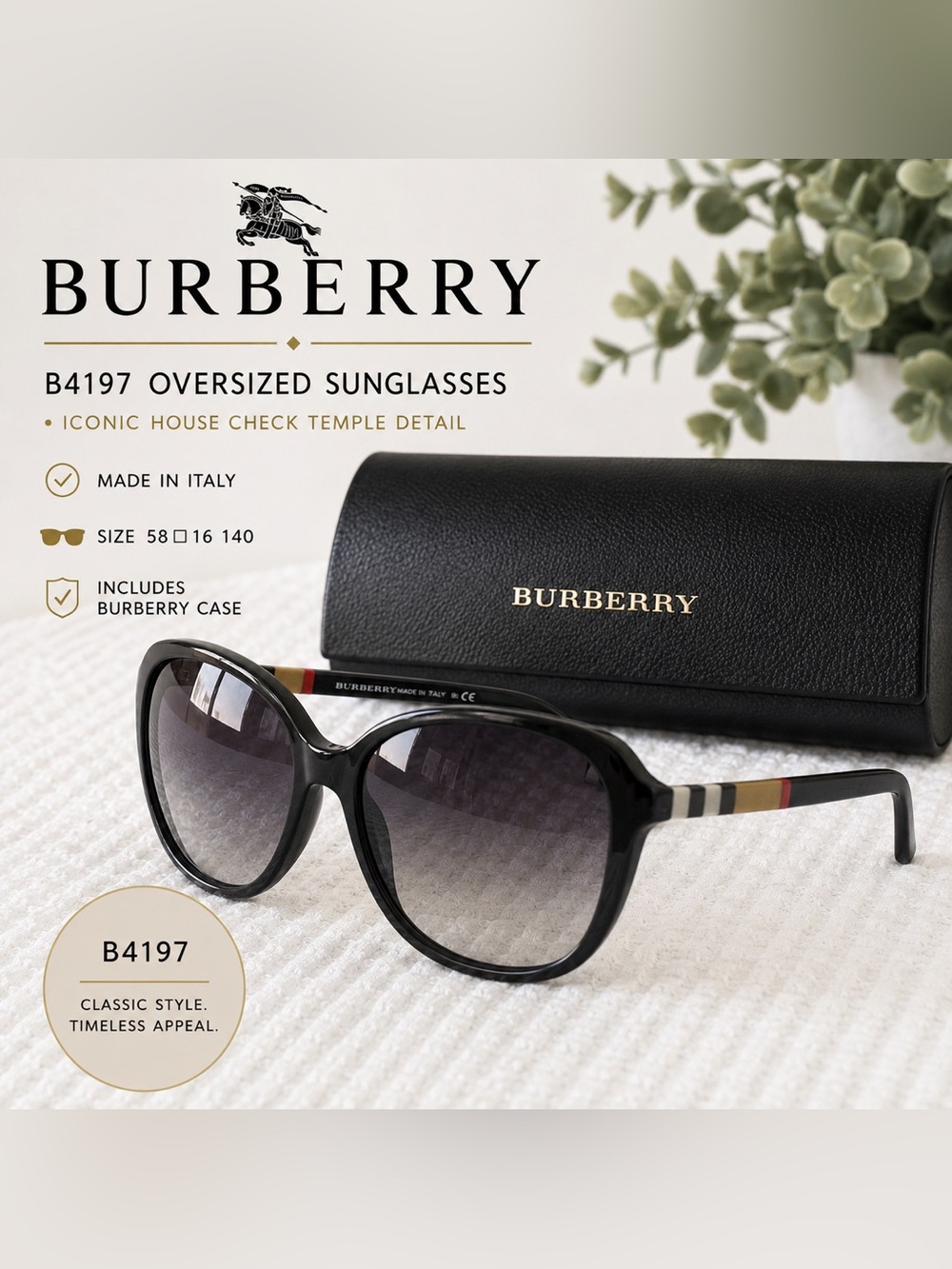 Burberry B4197 Oversized Black Sunglasses House Check Temples w/ Case Italy